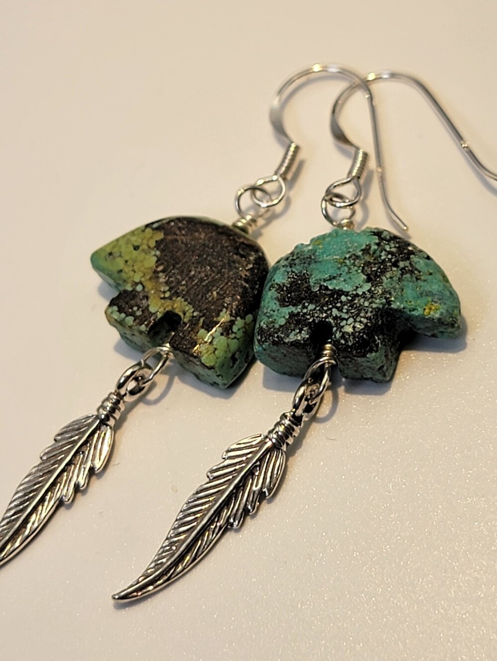 NEW Sterling Silver Kingman Turquoise Carved Bear & Feather Dangle Earrings - Picture 6 of 10